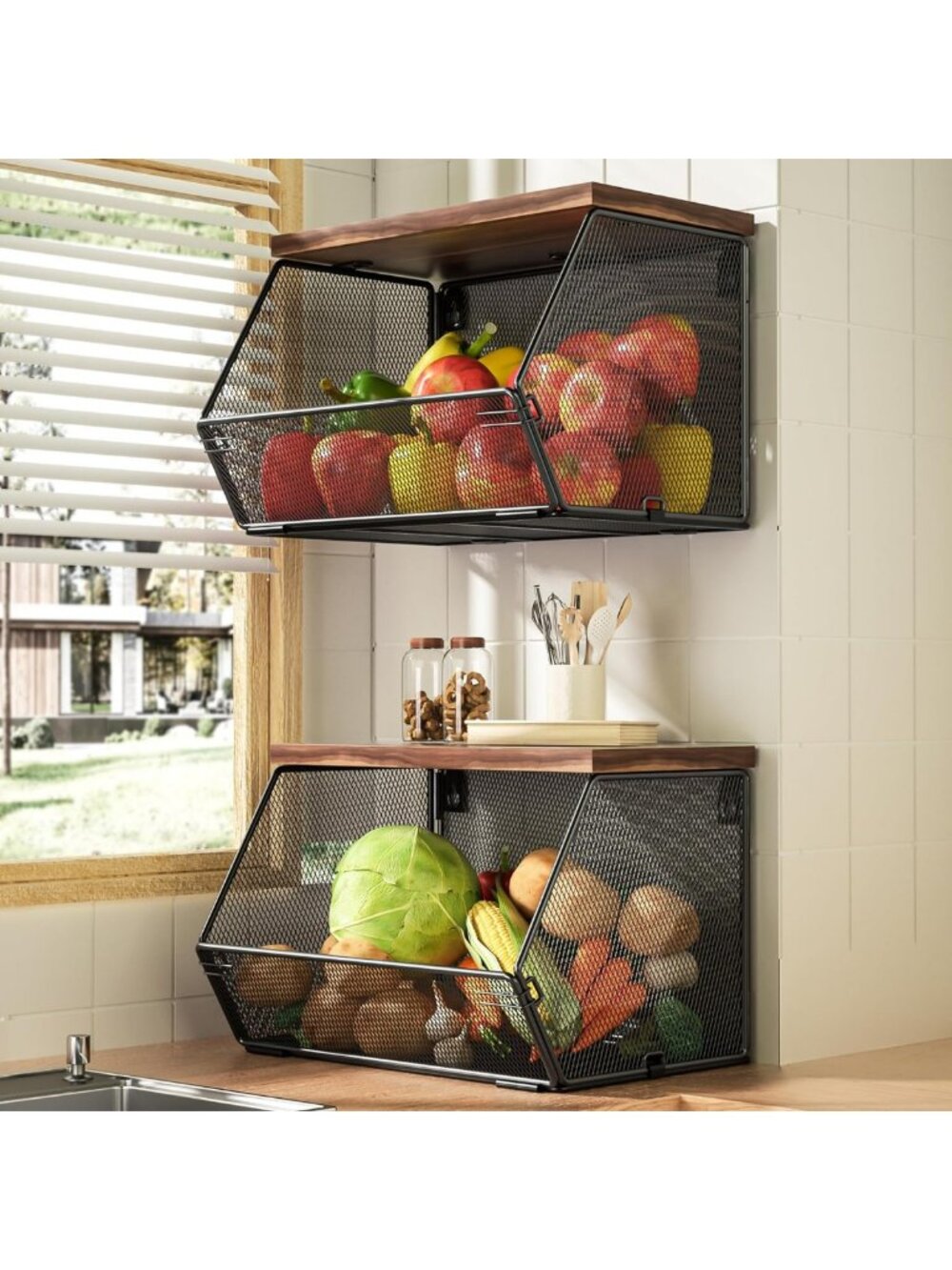 Stackable Metal Wire Fruit Baskets with Wood Lid - Space-Saving Kitchen